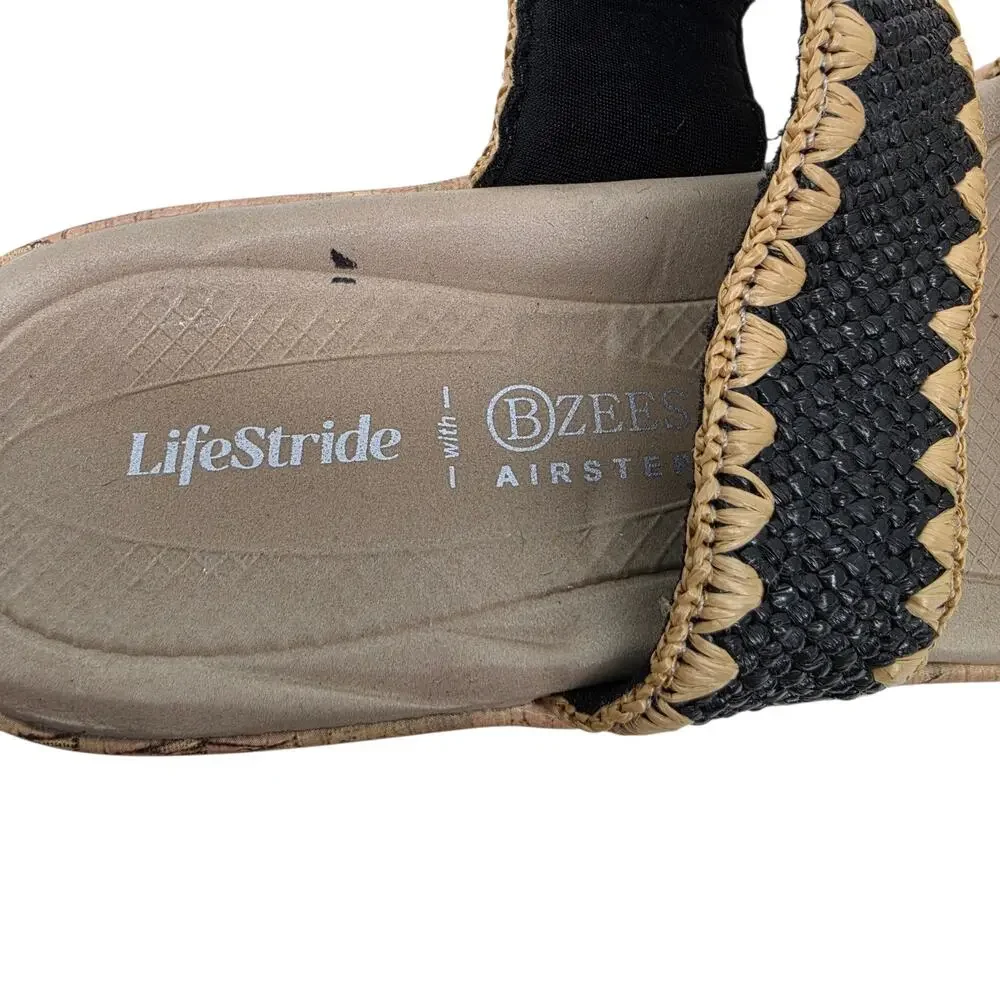 NWOT Life Stride X BZees Black Resort Platform Cork Wedge Slip On Sandals Size 9